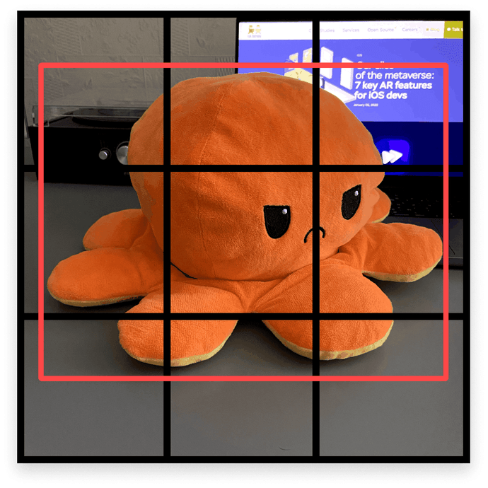 An octopush plush in a 3 by 3 grid