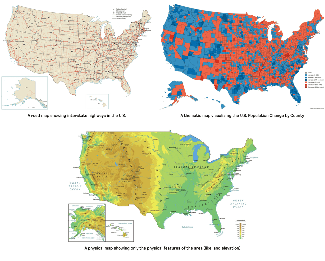 Examples of a road map, a thematic map, and a physical one